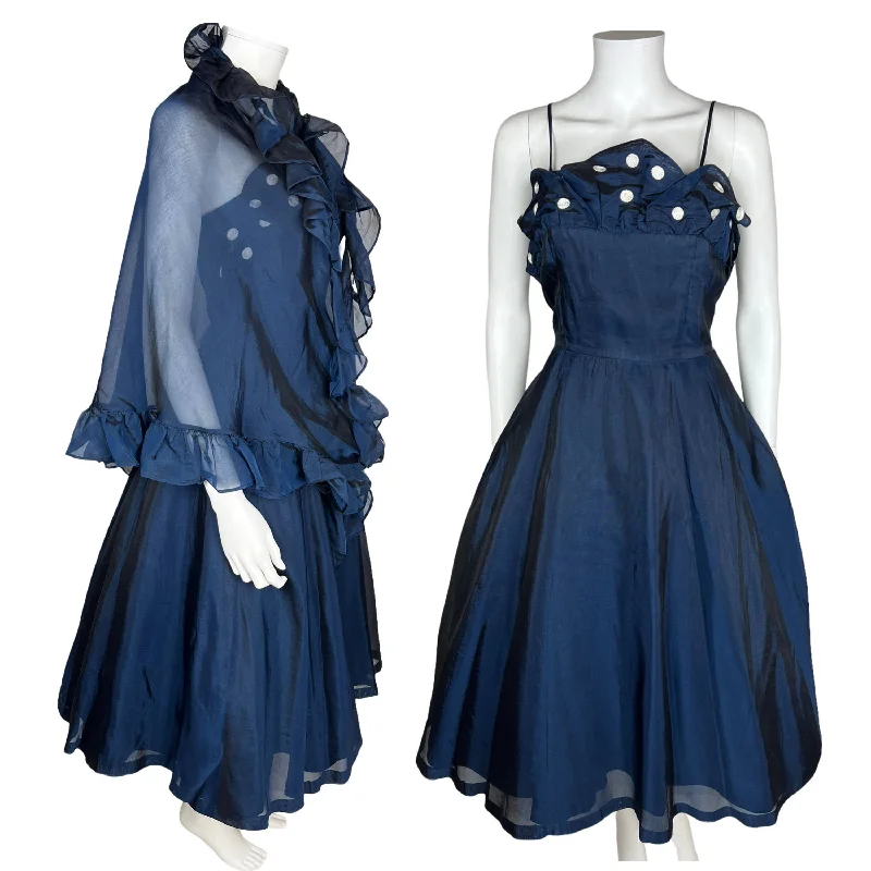 Vintage 1950s Party Dress w Spaghetti Straps and Organza Shawl