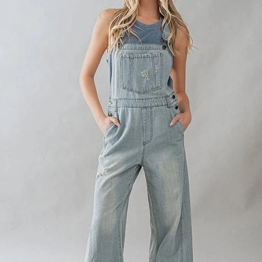 Women's Distressed Wide Leg Flare Denim Overalls in Light Wash