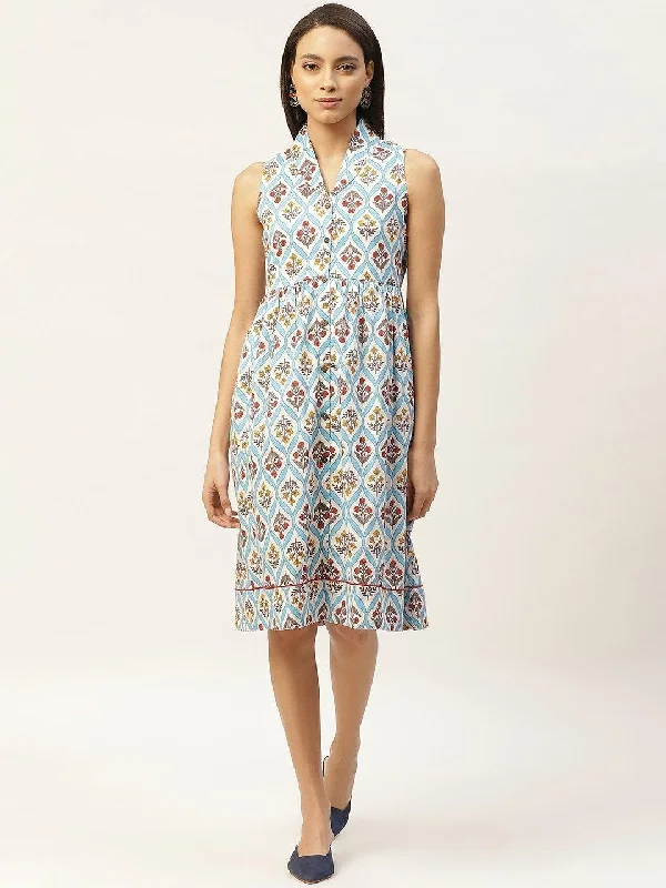 Women's Blue Floral Shawl Collar Front Open Dress - SASSAFRAS