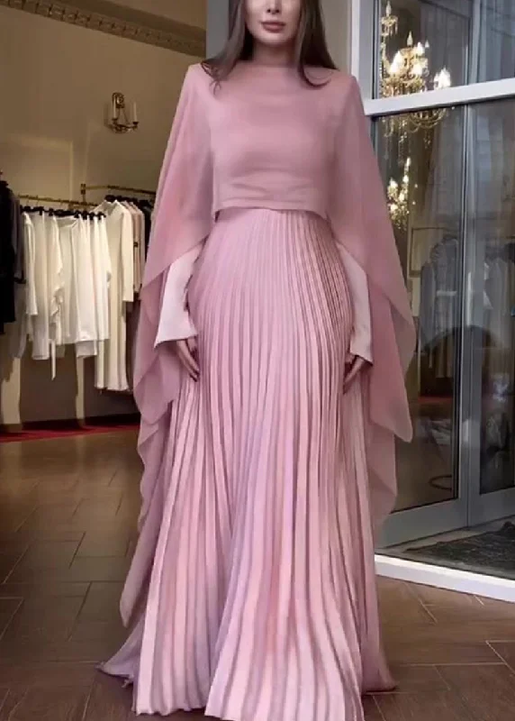 Autumn New Pink Pleated Long Sleeved Dress Shawl Set QL041