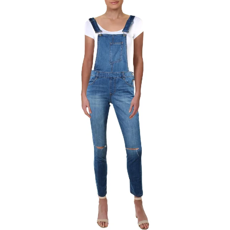 Dollhouse Womens Juniors Denim Destroyed Overalls