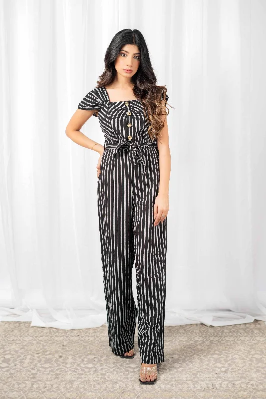 Women's Stripes Shoulder Overalls Wide Legs Minor Fault Jumpsuit