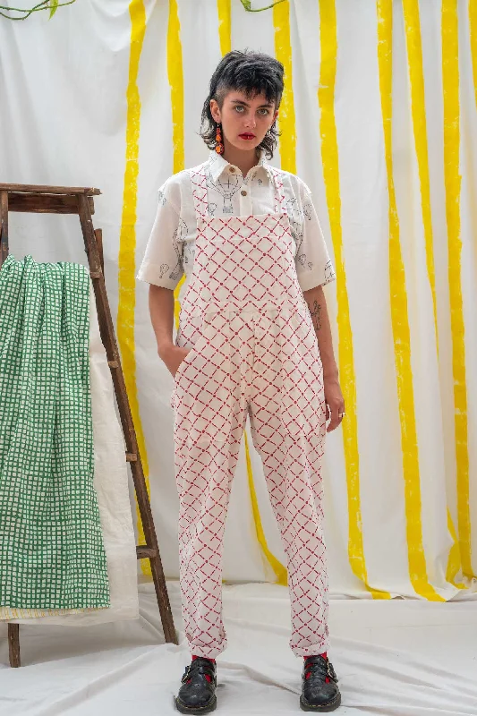 Work Overalls - Red Tile Print