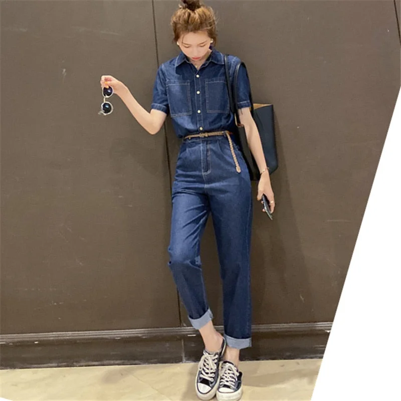 Casual Short Sleeve Denim Overalls One Piece Jumpsuit