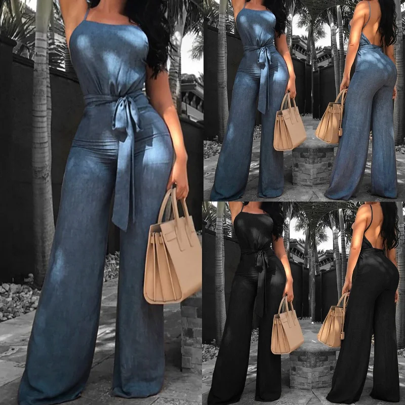 Summer Vogue Solid Color Sleeveless Overalls Lady Elegant Jumpsuit