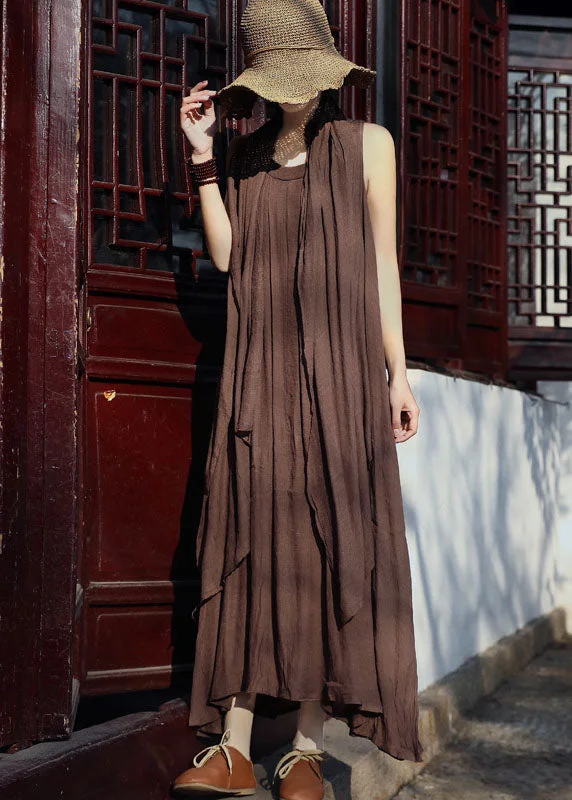 Women Coffee Asymmetrical Linen Spaghetti Strap Dress And Shawl Two Pieces Set Summer