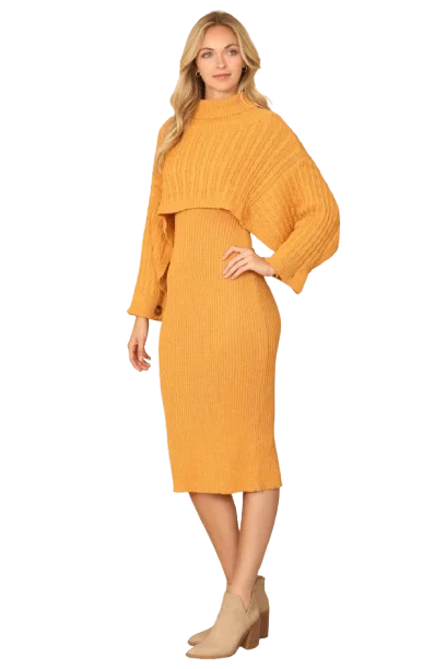 Mustard Plus Size Ribbed Sleeve Shawl n Sweater Dress Set - Pack of 6