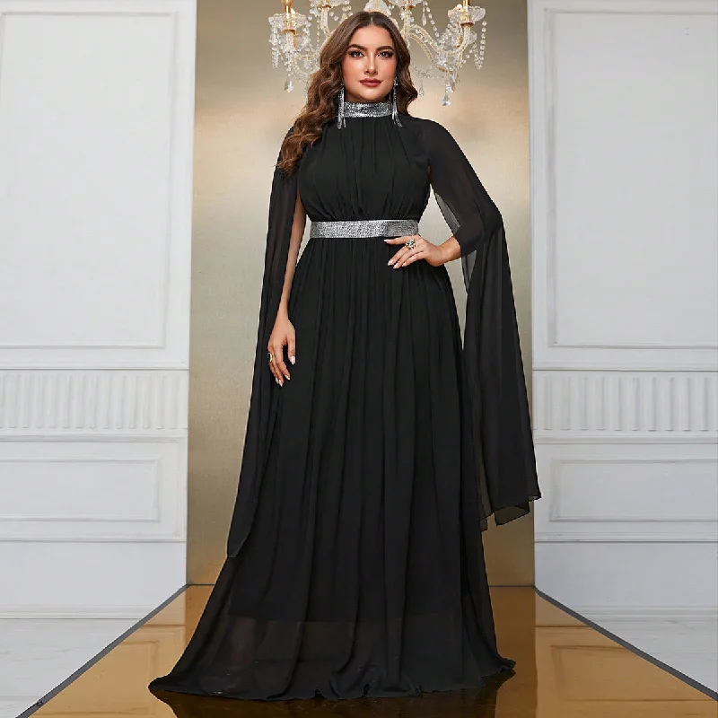 NiDELL European and American New Evening Dress plus Size Chiffon Shawl Dress High Collar Long Black Dress-Fssw4010