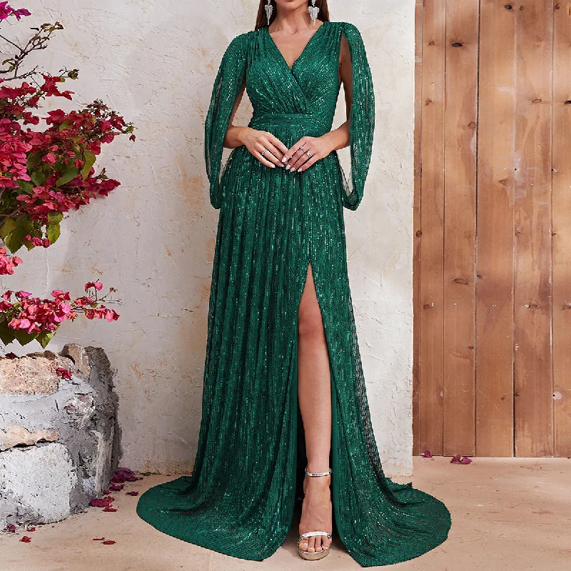 NiDELL Hot Sale Sequin Formal Dress Sequined V-neck Shawl Sleeve Banquet High-End Evening Dress Slit Maxi Dress-Mgj436