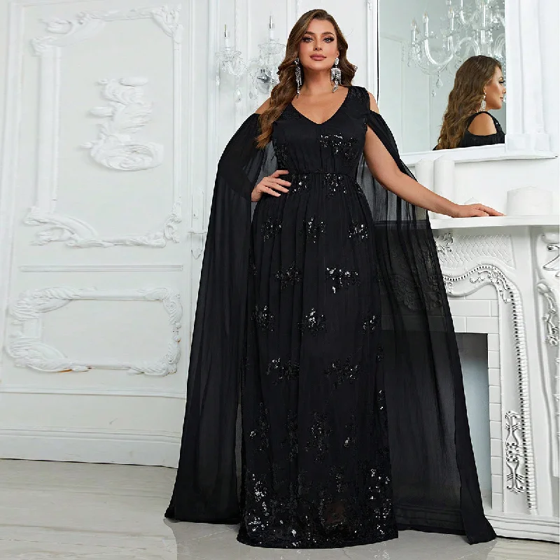 NiDELL Large Size off-the-Shoulder Party Dress Elegant Senior Evening Dress Shawl Sleeve Design Long Dress-Fmg775