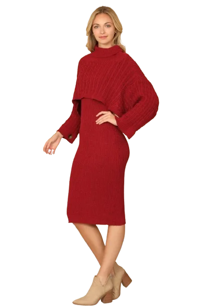 Wine Plus Size Ribbed Sleeve Shawl n Sweater Dress Set - Pack of 6