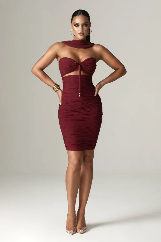 Bellucci Pleated Shawl Neckline Ruched Midi Dress (Burgundy)