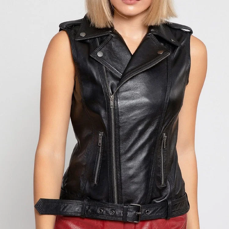 Women Black Leather Vest