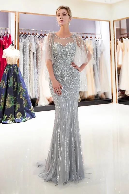 Mermaid Sheer V-Back Beading Silver Long Evening Dress with Shawl