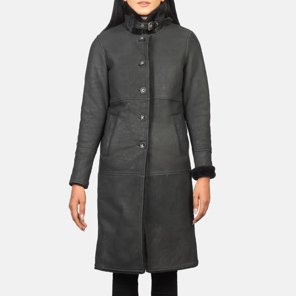 Long Black Trench Coat in Sheepskin Leather