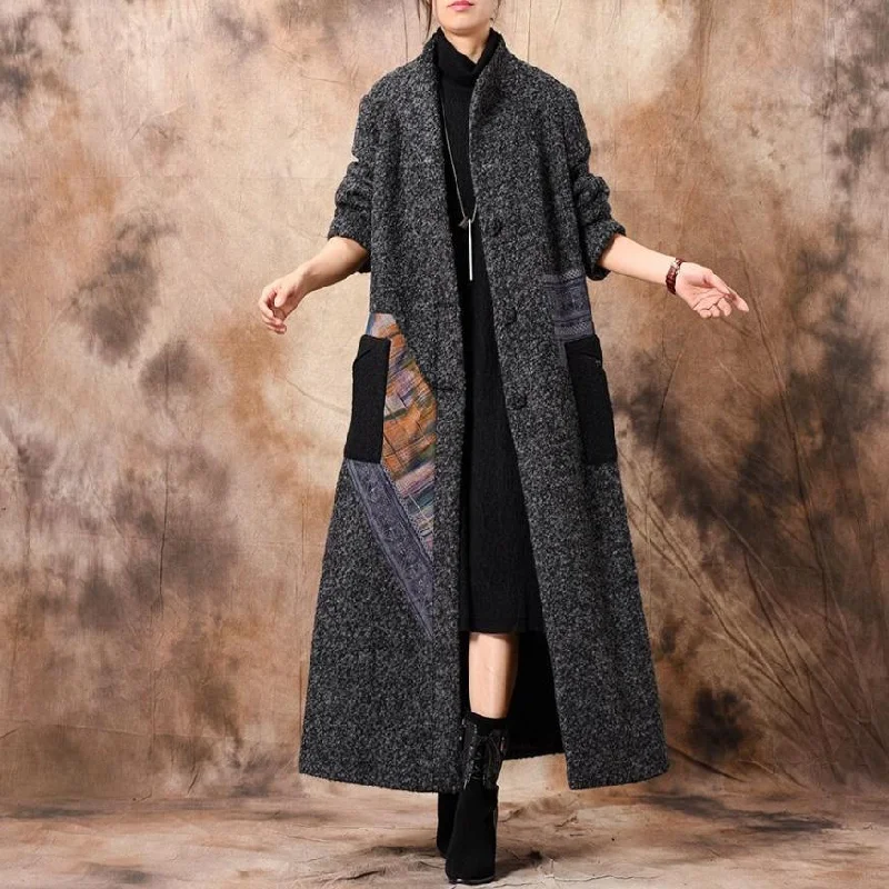 Luxury Gray Outwear Oversized Trench Coat Patchwork Stand Collar Coat