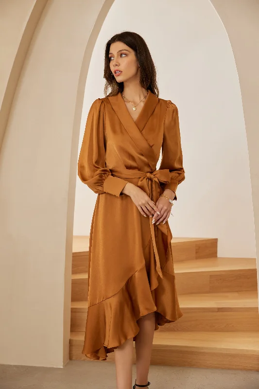 Shawl Lapel Dress Long Sleeve Irregular Hem A-Line Dress