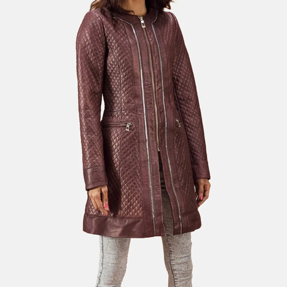 Quilted Maroon Trench Coat Women