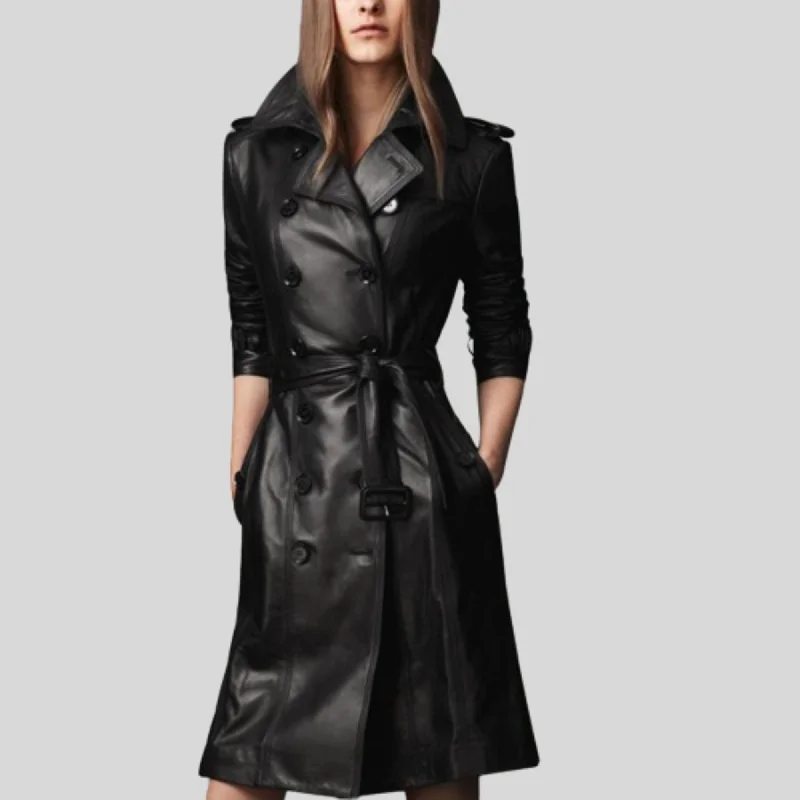 Women Slim Fit Black Double Breasted Trench Leather Coat