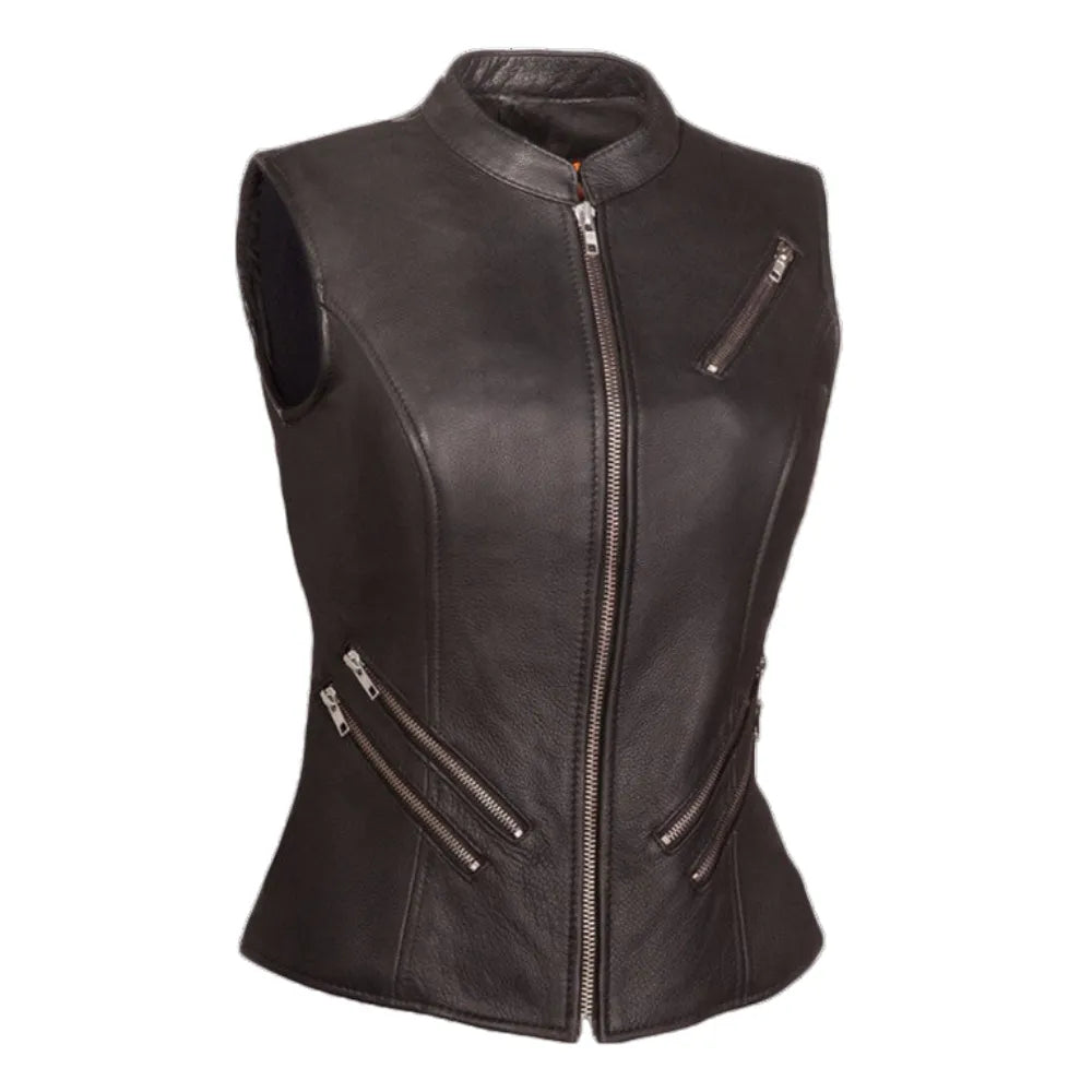 Womens Black Zip Up Leather Vest