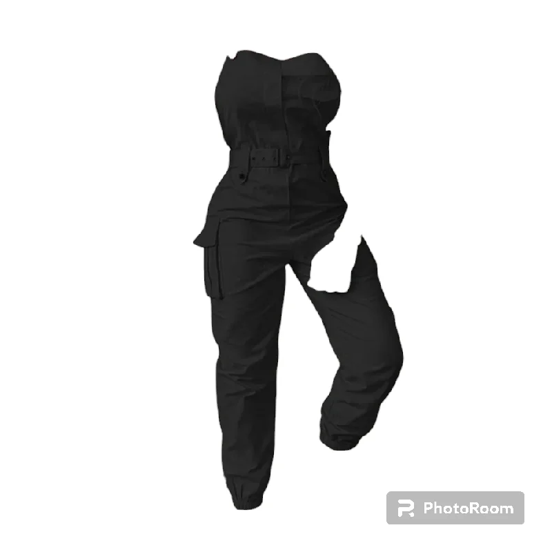 2021 New Style Women Solid Color Cargo Jumpsuit with Waistband Square Collar Sleeveless Overalls Plus Size S-XXXL