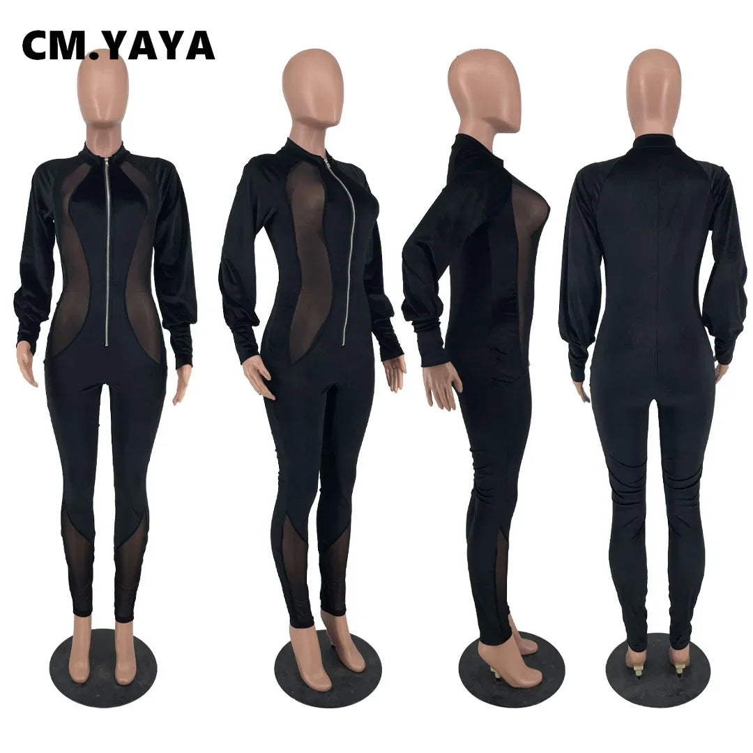 CM.YAYA Velvet Mesh Patchwork Women Zipper Fly Moto Biker Jumpsuit Elegant Long Sleeve Romper Spring Winter One Piece Overalls