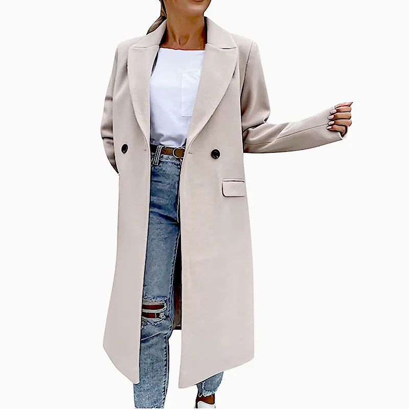 Fashion Winter Thickened Single-Breasted Solid Color Women Slim-Fit Woolen Trench Coat