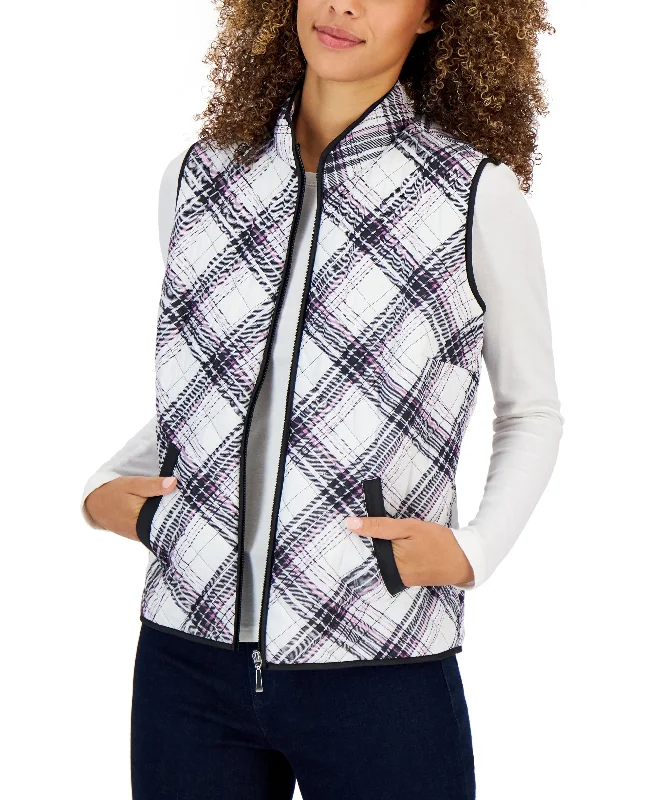 Karen Scott Womens Plaid Sleeveless Puffer Vest