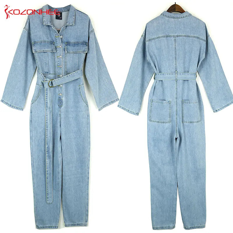 Loose Sashes Denim Work Suit Overalls Jumpsuits Pocket Rompers Jeans with high waist Plus Size Women Fashion Casual  #92