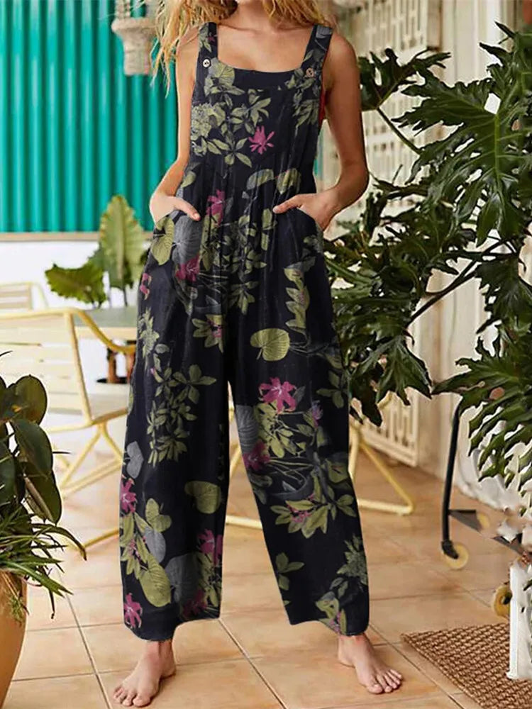 Women Jumpsuits Leaf Floral Print Sleeveless Suspender Overalls with Pockets Summer Casual Loose Romper Female Plus Size S-5XL