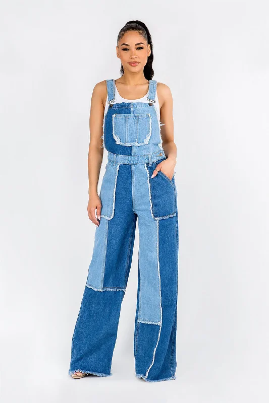 Women's Patchwork Wide Fit Edge Cut Denim Overalls