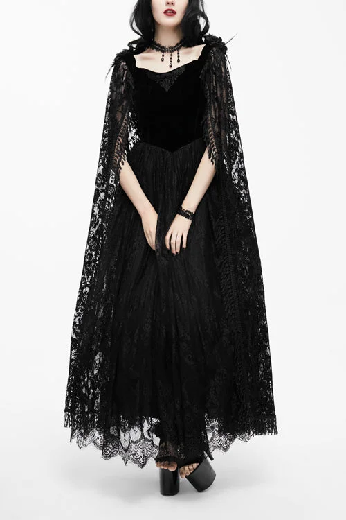 Black Feather And Flowers Off Collar Sexy Long Velvet Womens Gothic Dress With Lace Shawl