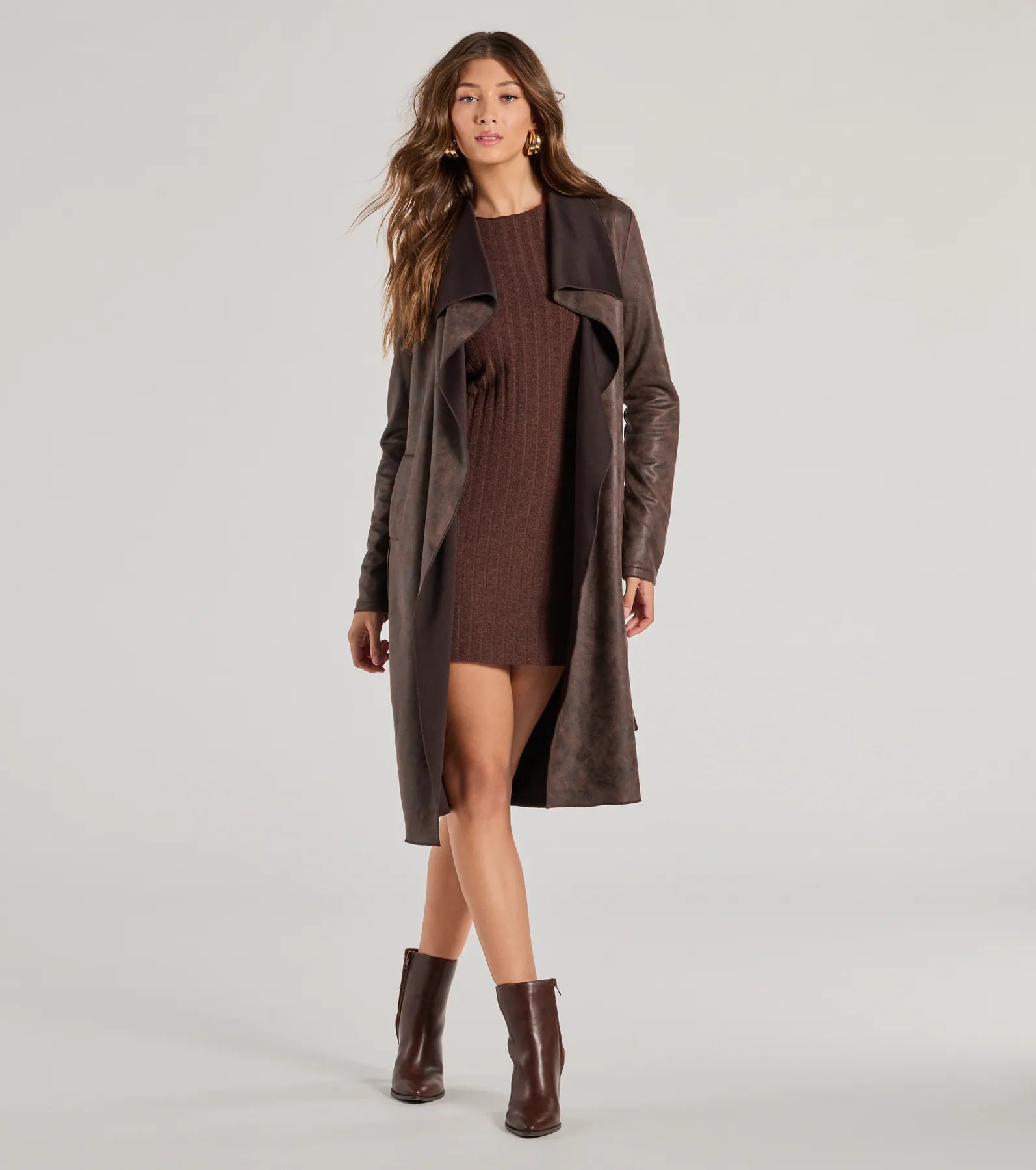 Chic Impression Faux Suede Belted Trench Coat