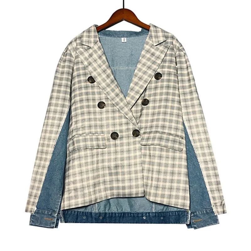 [EWQ] New autumn fashion Notched long sleeve double sleeve pocket plaid split joint denim iregular coat Tops women QE349