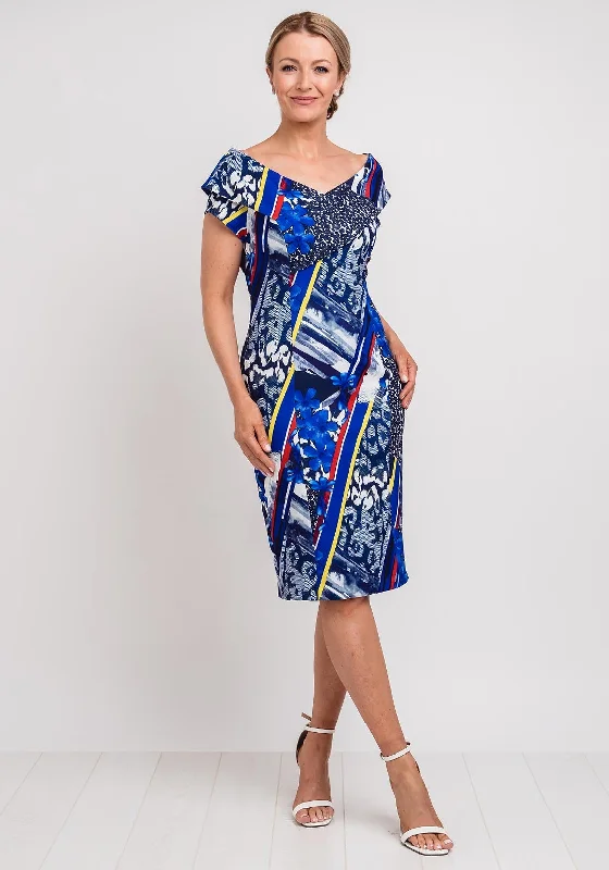 Lizabella Multi Print Shawl Collar Dress, Blue