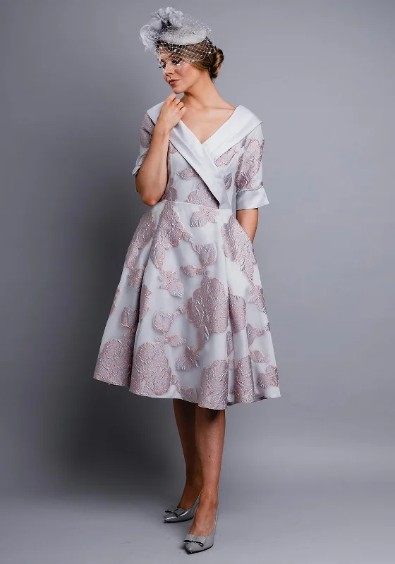 Lizabella Shawl Collar Floral Print Flared Dress, Grey