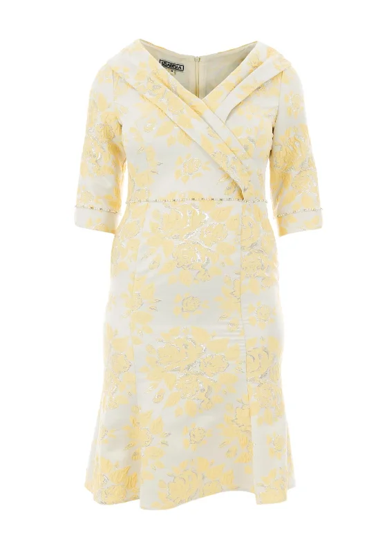 Lizabella Shawl Collar Jacquard Peplum Flare Dress, Yellow Multi