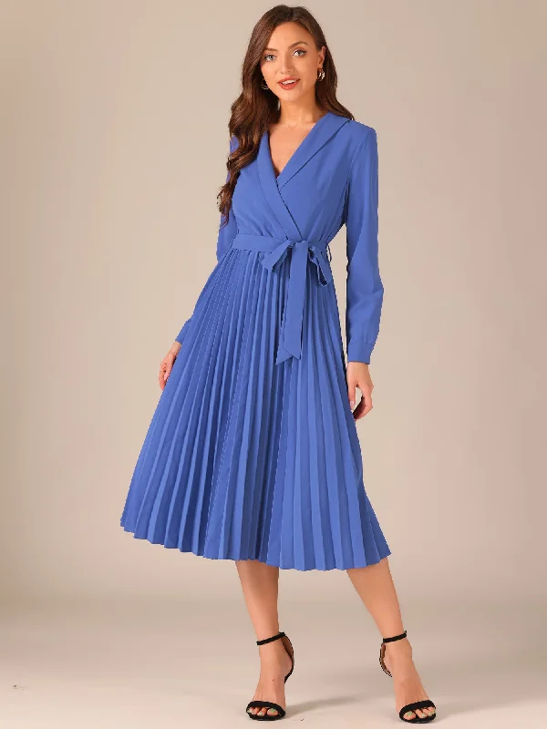 Pleated Shawl Collar Long Sleeves Belted Midi Dress