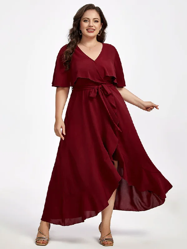 Plus Shawl Collar Ruffle Sleeve Wrap Maxi Dress