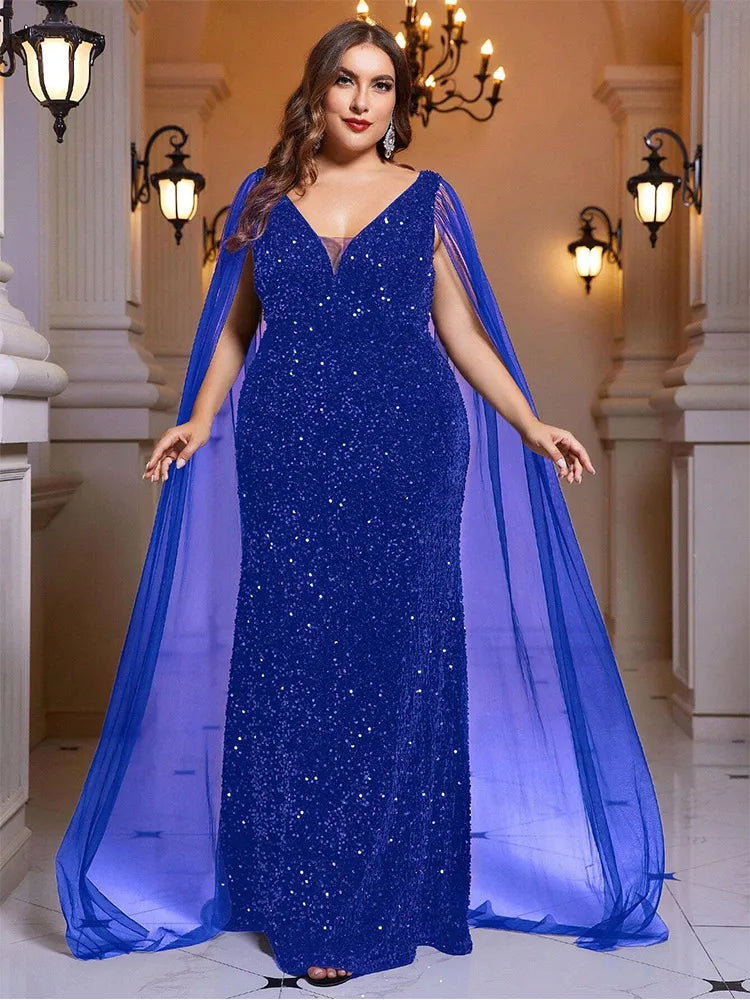 Plus Size A-Line Velvet Sequin Chiffon Shawl Long Evening Dress