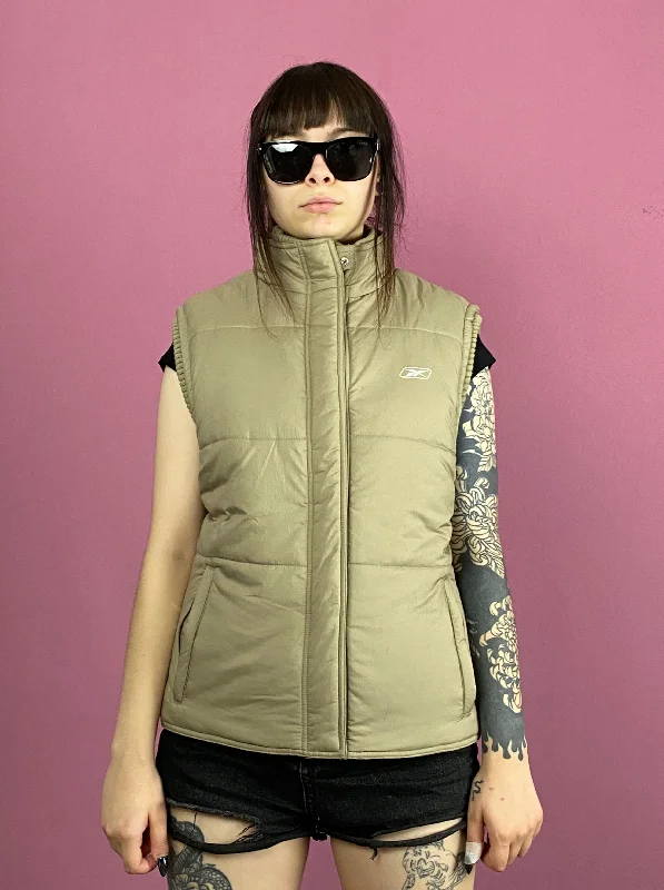 90s Reebok Vintage Women's Puffer Vest - L Beige Polyester