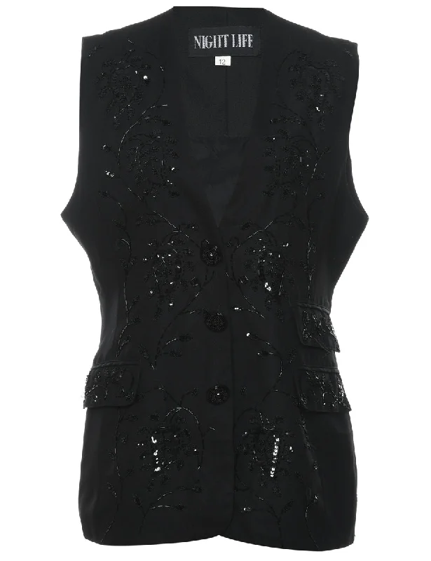 Beaded Black Waistcoat - L Comfortable Winter Waistcoat Vest