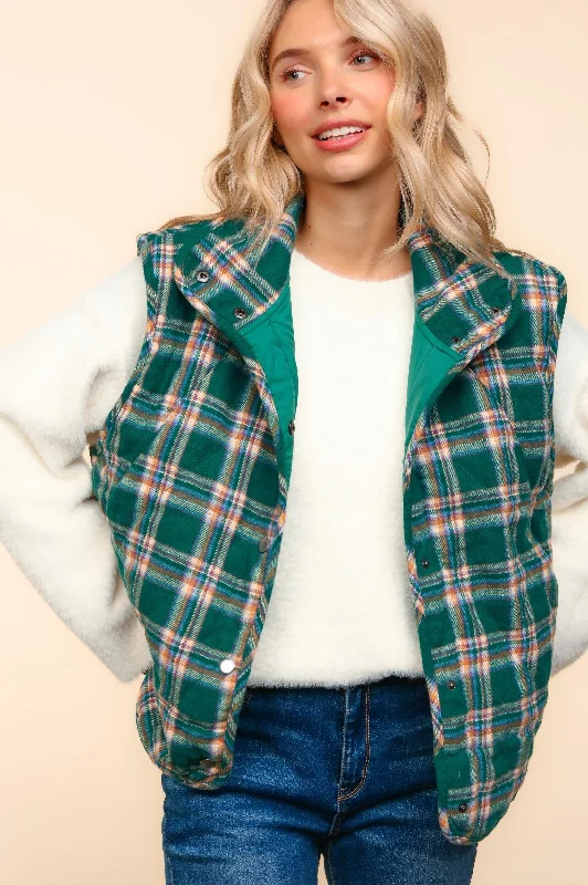 HIGH NECK SNAP BUTTON DOWN PLAID PUFFER VEST