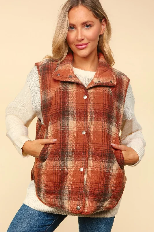 HIGH NECK SNAP BUTTON PLAID PUFFER VEST