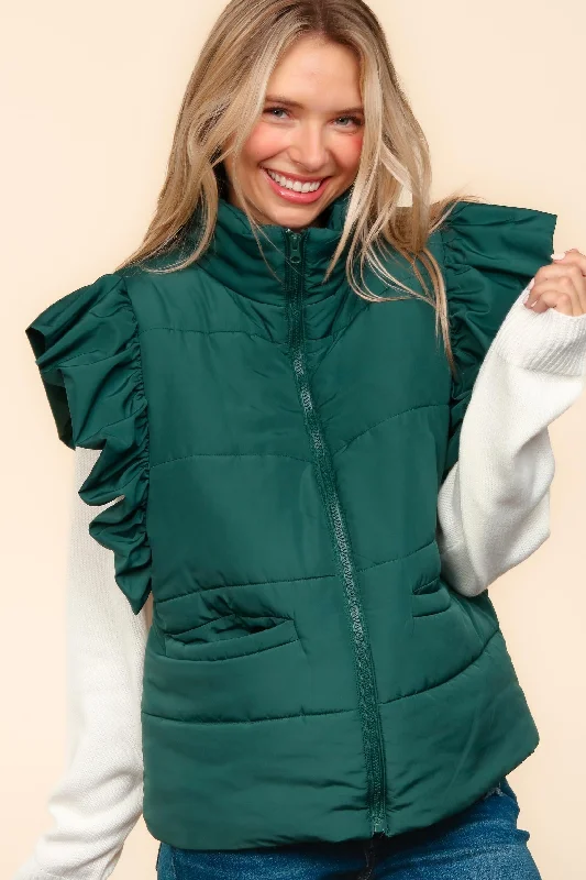 HIGH NECK ZIPPER UP RUFFLE SLEEVE PUFFER VEST