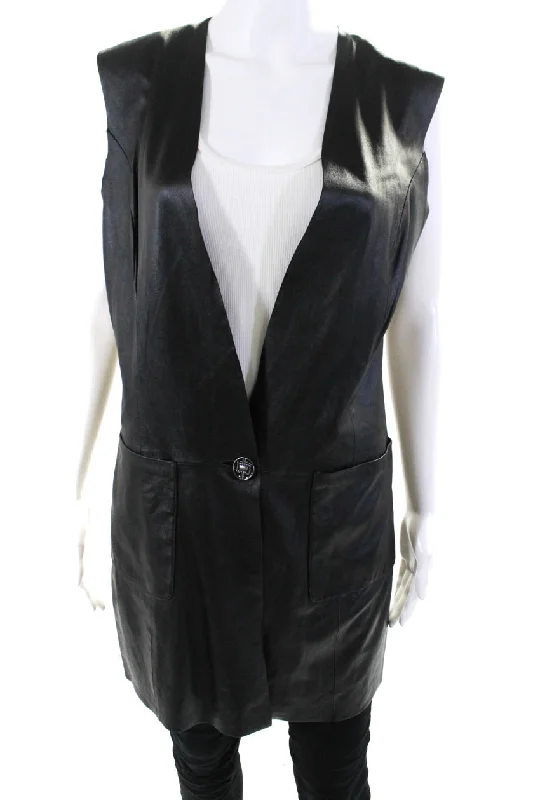 In Transit Womens Unlined V Neck One Button Leather Vest Black