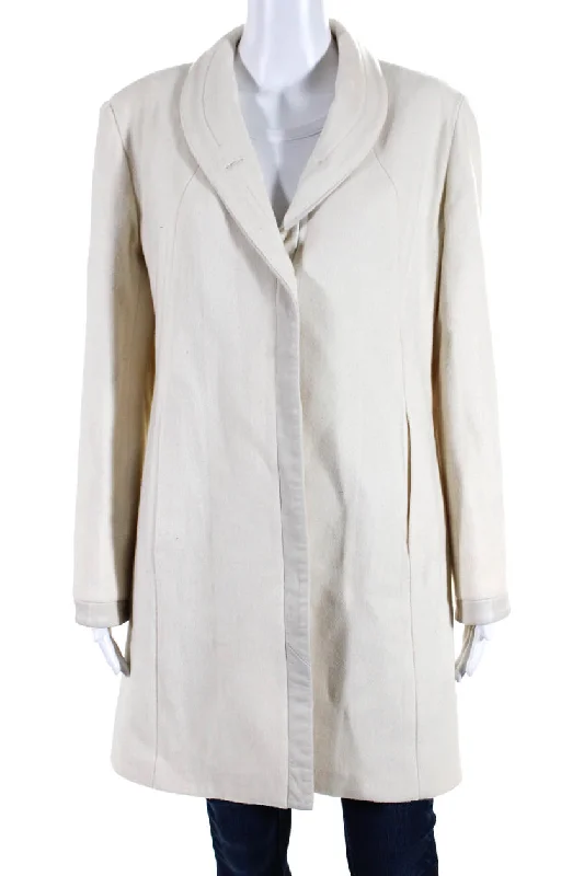 Jheri Richards Womens Long Fleece Leather Trim Peacoat Ivory Wool