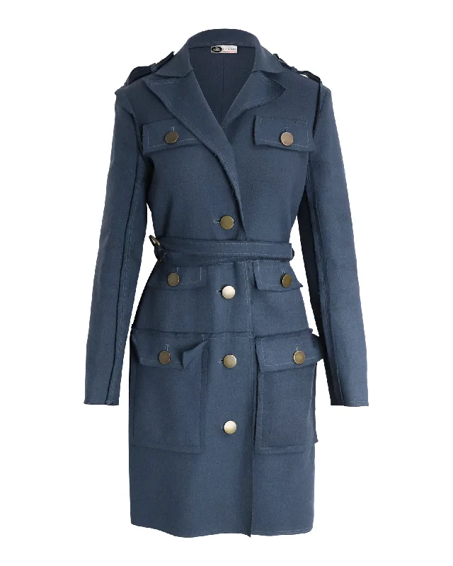 Lanvin Multi-Pocket Belted Coat in Blue Wool