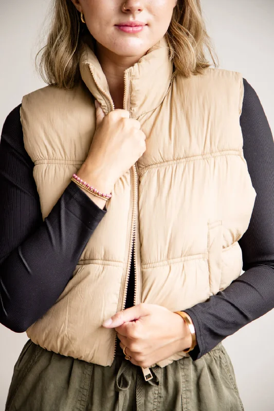 Love Tree Crinkle Puffer Vest for Women in Khaki | 5128VH-KHAKI