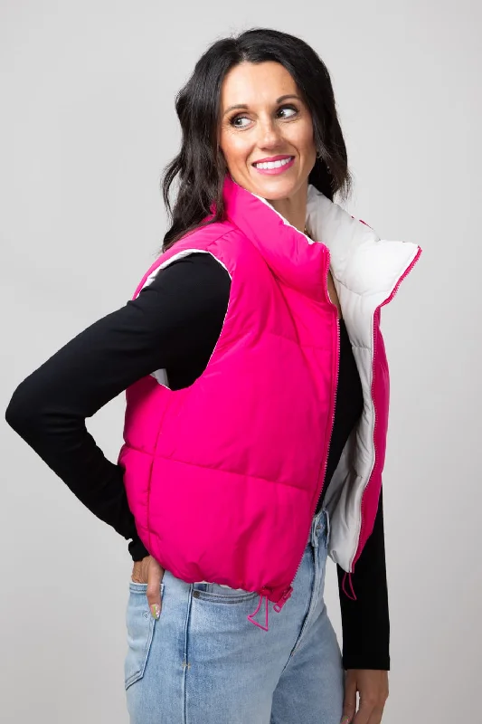 Love Tree Cropped Reversible Puffer Vest for Women in White/Fuchsia | 5070VY-FUCHSIA